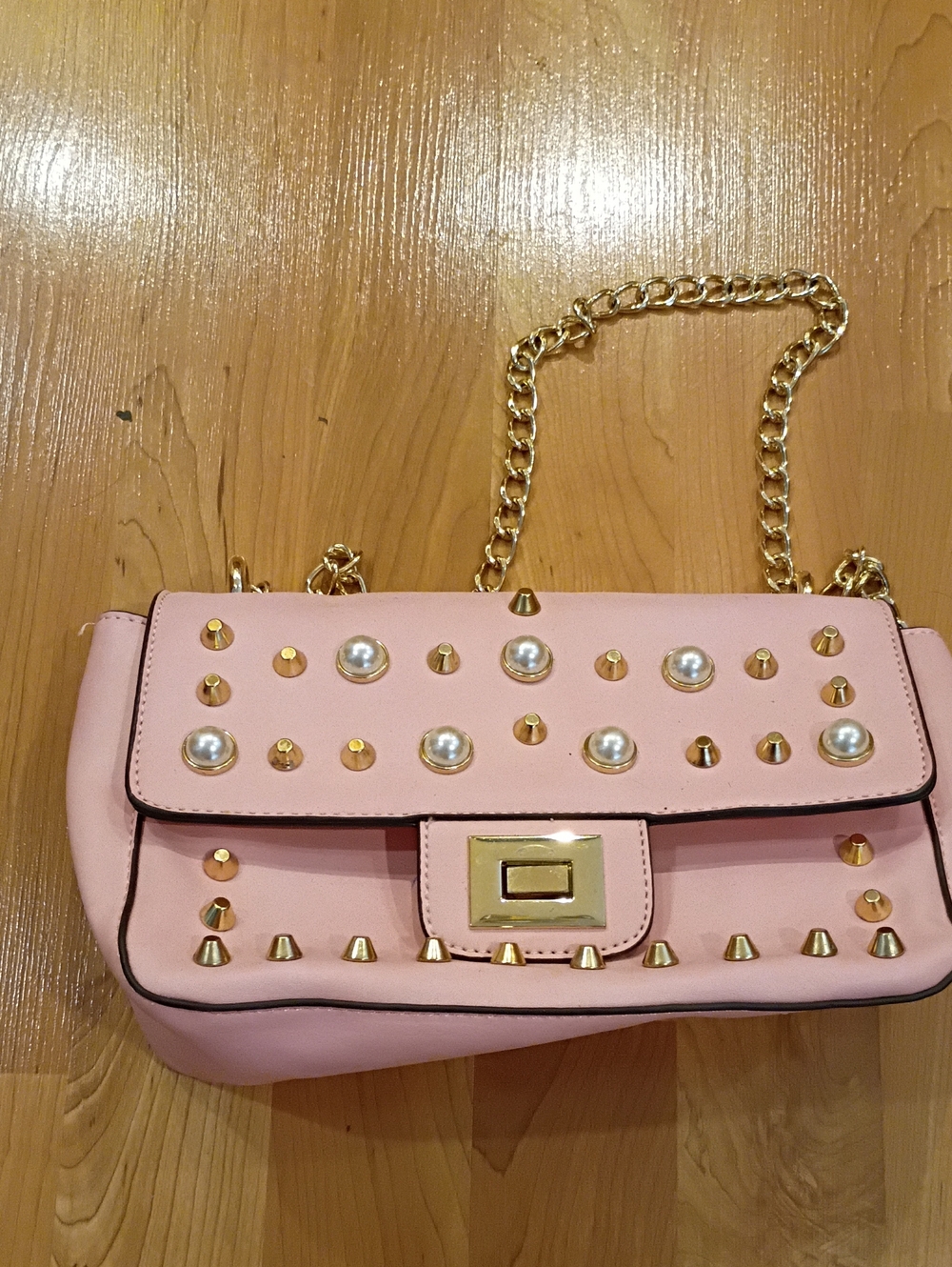 JustFab Pink Pearl & Gold Stud Chain Shoulder Bag